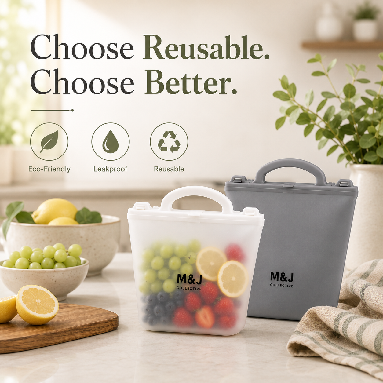 Reusable Silicone Food Storage Bags – White & Gray | 2-Pack